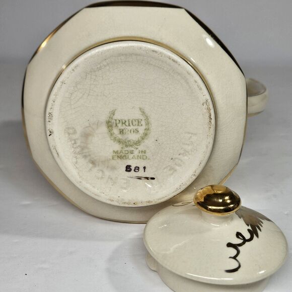 Vtg Price Bros Teapot Gold on  Cream Golden Grape Leaves Autumn Ceramic Lidded - Picture 12 of 13